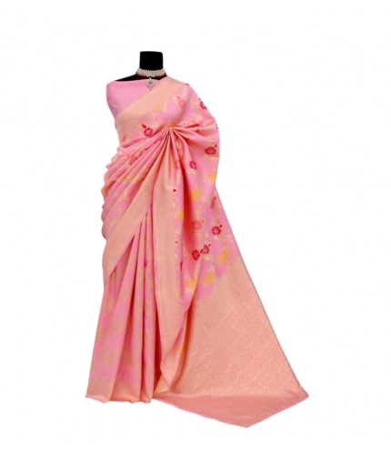 Generic Women's Banarasi Printed Saree With Unstitched Blouse 5.5Mtr (Pink)