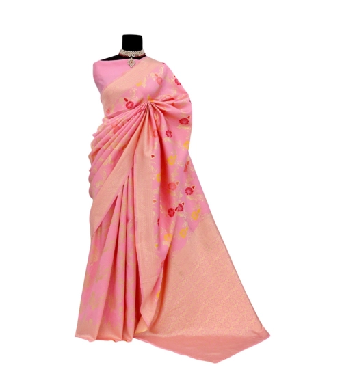 Generic Women's Banarasi Printed Saree With Unstitched Blouse 5.5Mtr (Pink)
