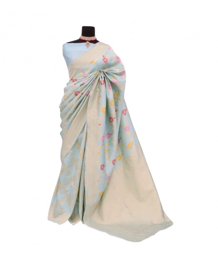 Generic Women's Banarasi Printed Saree With Unstitched Blouse 5.5Mtr (Firozi)