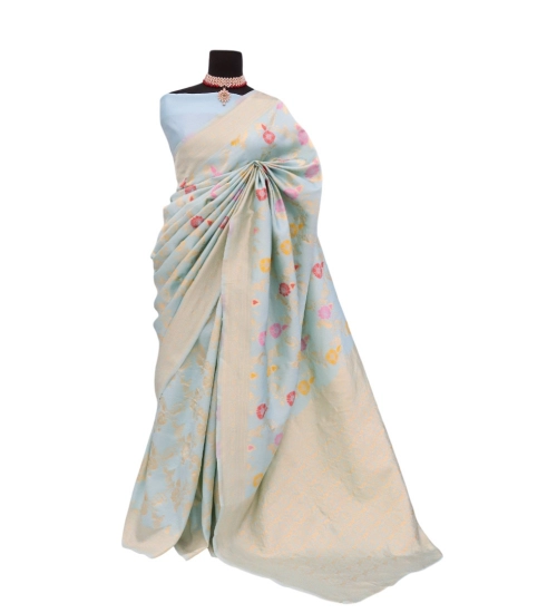 Generic Women's Banarasi Printed Saree With Unstitched Blouse 5.5Mtr (Firozi)