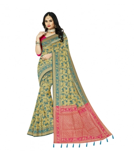 Generic Women's Banarasi Printed Saree With Unstitched Blouse 5.5Mtr (Golden)
