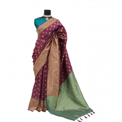 Generic Women's Banarasi Printed Saree With Unstitched Blouse 5.5Mtr (Purple)