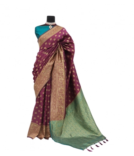 Generic Women's Banarasi Printed Saree With Unstitched Blouse 5.5Mtr (Purple)