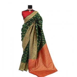 Generic Women's Banarasi Printed Saree With Unstitched Blouse 5.5Mtr (Green)
