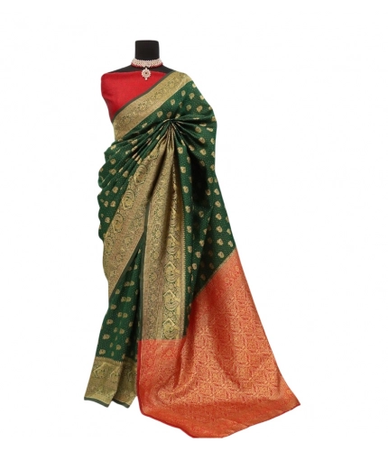 Generic Women's Banarasi Printed Saree With Unstitched Blouse 5.5Mtr (Green)