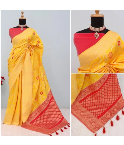 Generic Women's Banarasi Printed Saree With Unstitched Blouse 5.5Mtr (Yellow)
