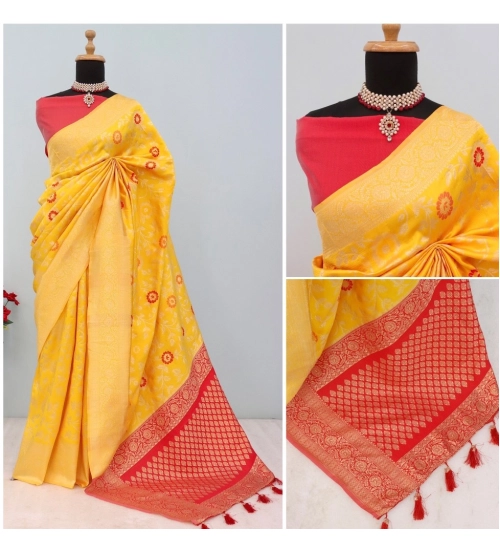 Generic Women's Banarasi Printed Saree With Unstitched Blouse 5.5Mtr (Yellow)