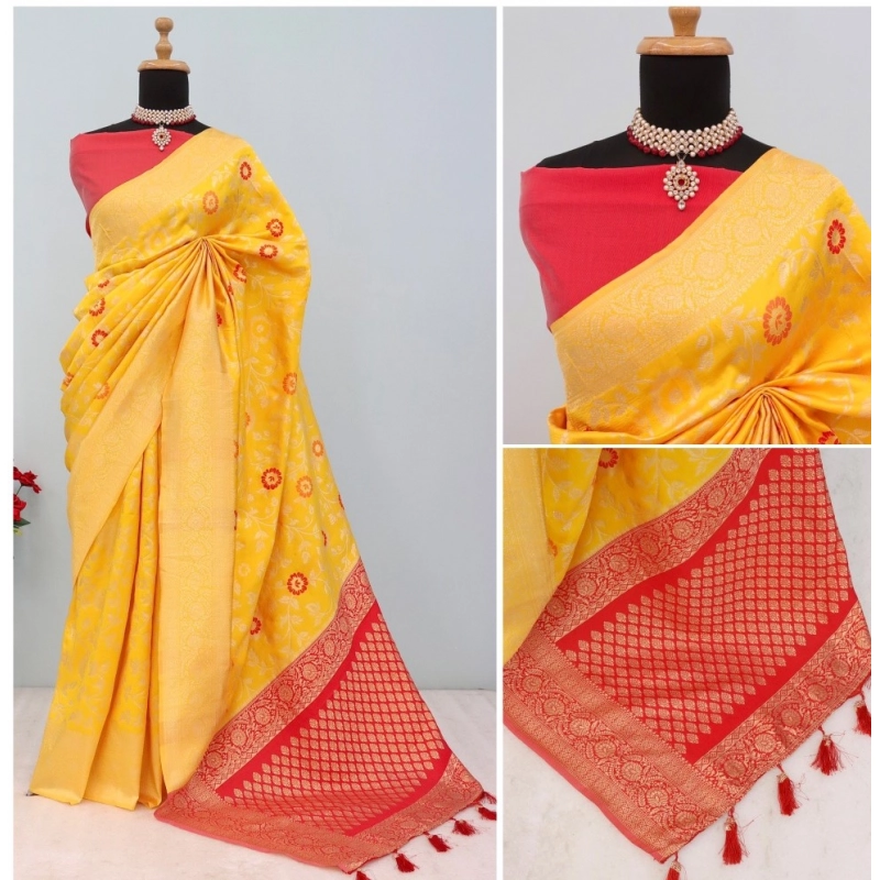 Women's Banarasi Printed Saree With Unstitched Blouse 5.5Mtr (Yellow)