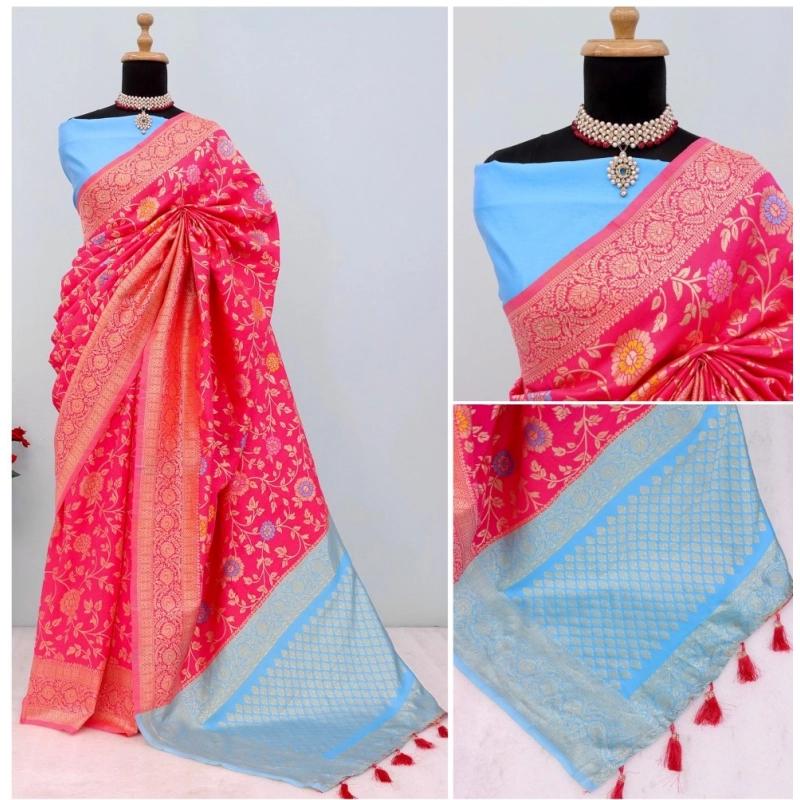 Women's Banarasi Printed Saree With Unstitched Blouse 5.5Mtr (Rani)