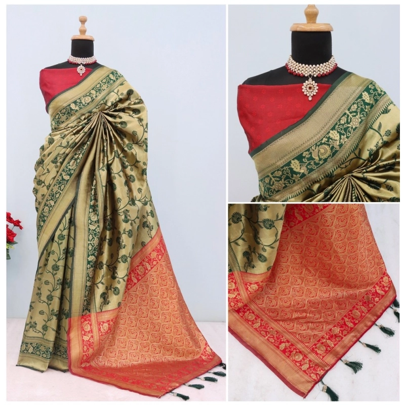 Women's Banarasi Printed Saree With Unstitched Blouse 5.5Mtr (Goldan)