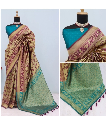 Generic Women's Banarasi Printed Saree With Unstitched Blouse 5.5Mtr (Golden)