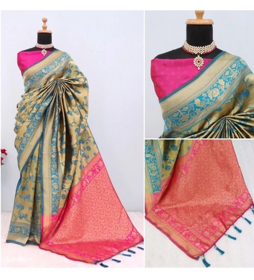 Generic Women's Banarasi Printed Saree With Unstitched Blouse 5.5Mtr (Golden)