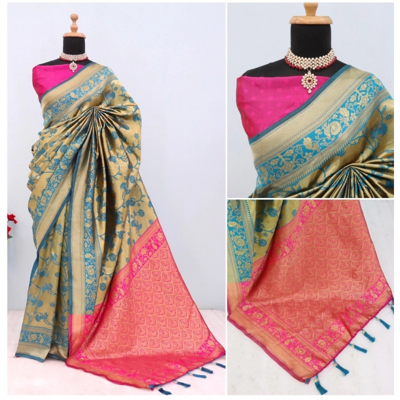 Women's Banarasi Printed Saree With Unstitched Blouse 5.5Mtr (Goldan)