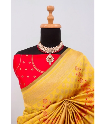 Generic Women's Banarasi Printed Saree With Unstitched Blouse 5.5Mtr (Yellow)