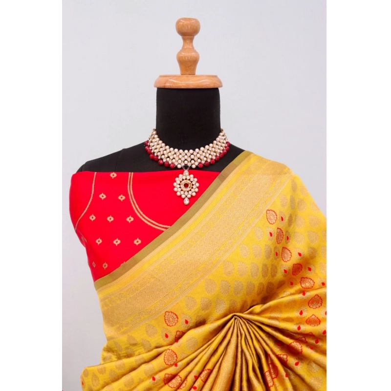 Women's Banarasi Printed Saree With Unstitched Blouse 5.5Mtr (Yellow)