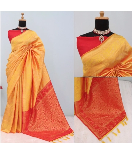 Generic Women's Banarasi Printed Saree With Unstitched Blouse 5.5Mtr (Yellow)