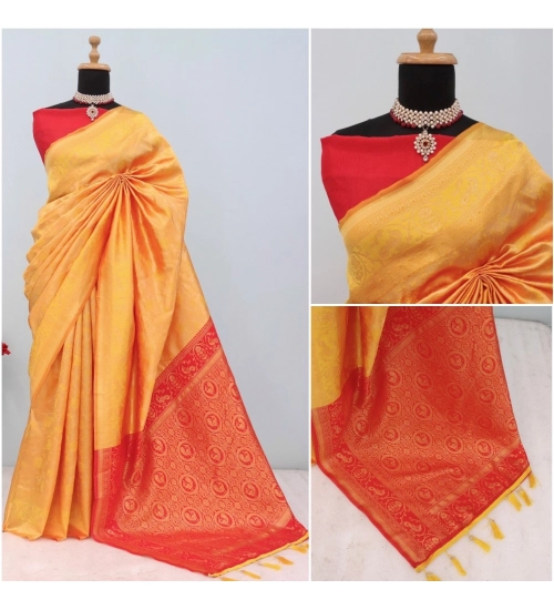 Generic Women's Banarasi Printed Saree With Unstitched Blouse 5.5Mtr (Yellow)