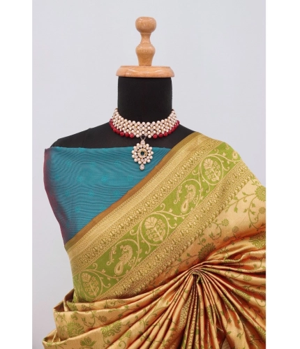 Generic Women's Banarasi Printed Saree With Unstitched Blouse 5.5Mtr (Golden)