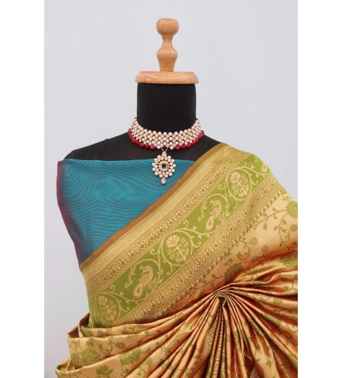 Generic Women's Banarasi Printed Saree With Unstitched Blouse 5.5Mtr (Golden)