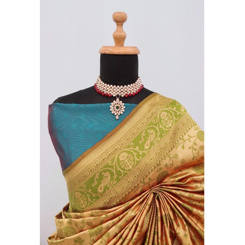 Women's Banarasi Printed Saree With Unstitched Blouse 5.5Mtr (Goldan)