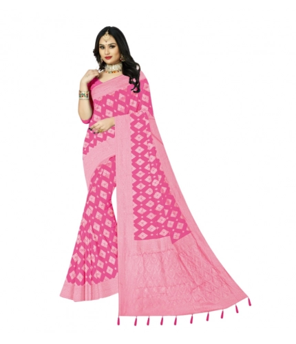 Generic Women's Cotton Printed Saree With Unstitched Blouse 5.5Mtr (Pink)