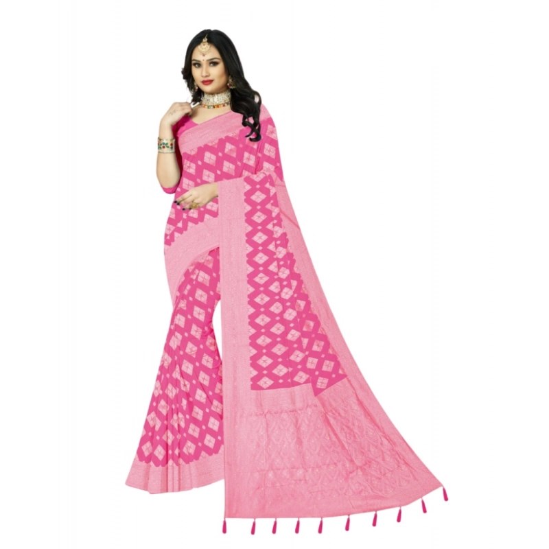 Women's Cotton Printed Saree With Unstitched Blouse 5.5Mtr (Pink)