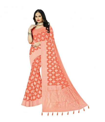 Generic Women's Cotton Printed Saree With Unstitched Blouse 5.5Mtr (Orange)