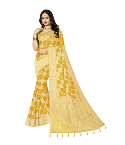 Generic Women's Cotton Printed Saree With Unstitched Blouse 5.5Mtr (Yellow)