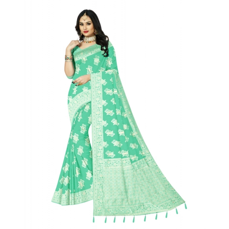 Women's Cotton Printed Saree With Unstitched Blouse 5.5Mtr (Rama) Women's Cotton Printed Saree With Unstitched Blouse 5.5Mtr (Rama)