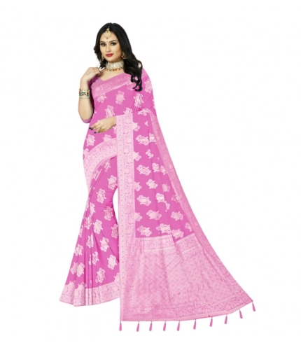 Generic Women's Cotton Printed Saree With Unstitched Blouse 5.5Mtr (Pink)
