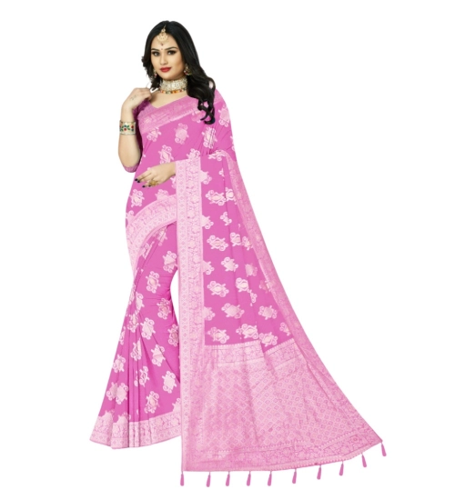 Generic Women's Cotton Printed Saree With Unstitched Blouse 5.5Mtr (Pink)