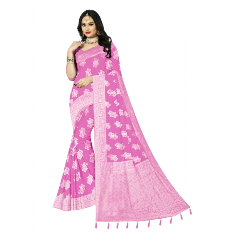 Women's Cotton Printed Saree With Unstitched Blouse 5.5Mtr (Pink)