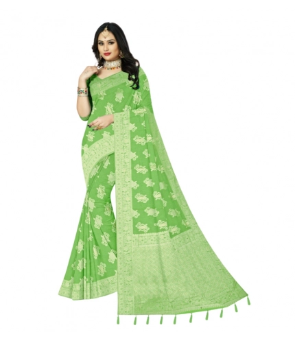 Generic Women's Cotton Printed Saree With Unstitched Blouse 5.5Mtr (Green)