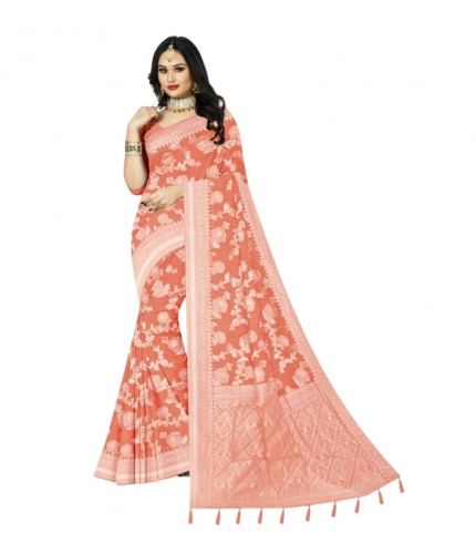 Generic Women's Cotton Printed Saree With Unstitched Blouse 5.5Mtr (Orange)