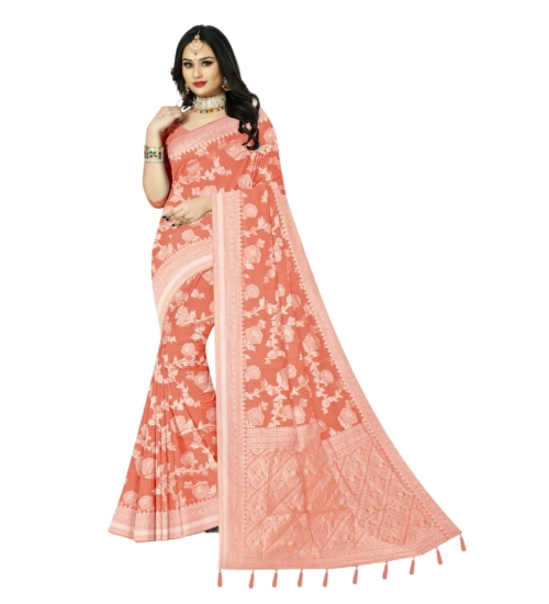 Generic Women's Cotton Printed Saree With Unstitched Blouse 5.5Mtr (Orange)