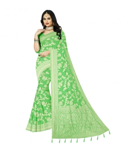 Generic Women's Cotton Printed Saree With Unstitched Blouse 5.5Mtr (Green)