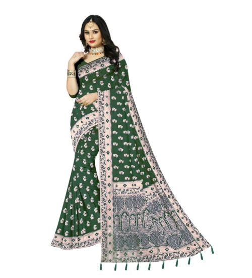 Generic Women's Satin Printed Saree With Unstitched Blouse 5.5Mtr (Green)