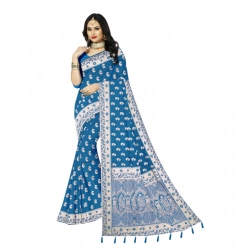 Generic Women's Satin Printed Saree With Unstitched Blouse 5.5Mtr (Aqua Blue)