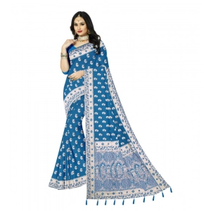 Generic Women's Satin Printed Saree With Unstitched Blouse 5.5Mtr (Aqua Blue)