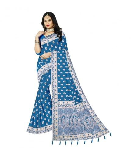 Generic Women's Satin Printed Saree With Unstitched Blouse 5.5Mtr (Aqua Blue)