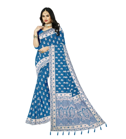 Generic Women's Satin Printed Saree With Unstitched Blouse 5.5Mtr (Aqua Blue)