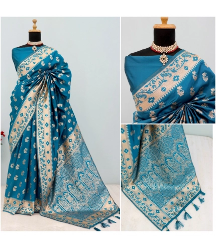 Generic Women's Satin Printed Saree With Unstitched Blouse 5.5Mtr (Aqua Blue)