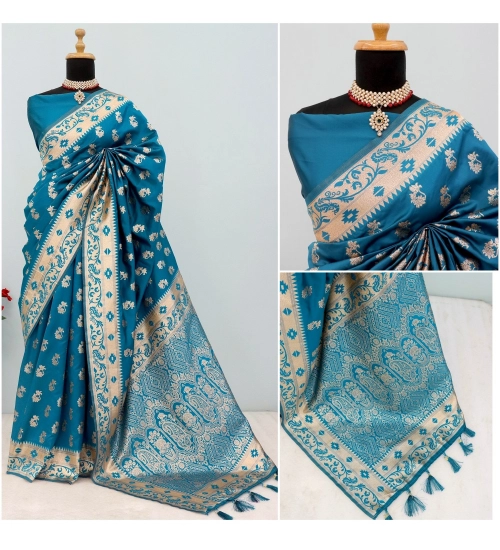 Generic Women's Satin Printed Saree With Unstitched Blouse 5.5Mtr (Aqua Blue)