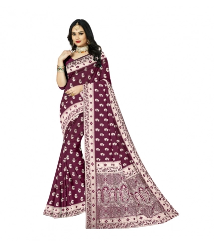 Generic Women's Satin Printed Saree With Unstitched Blouse 5.5Mtr (Brown)