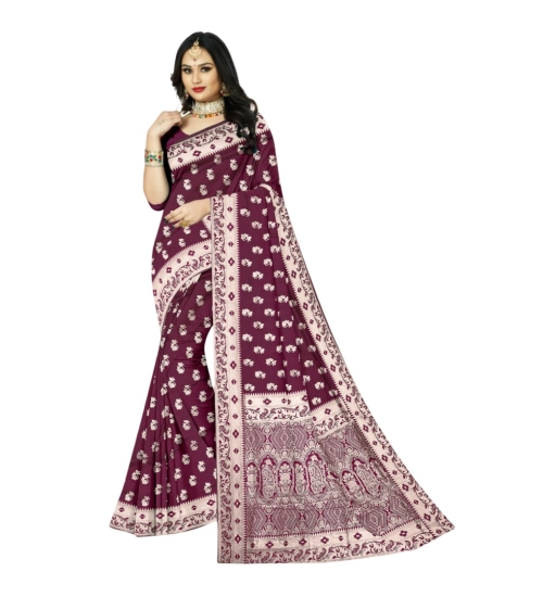 Generic Women's Satin Printed Saree With Unstitched Blouse 5.5Mtr (Brown)