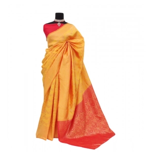 Generic Women's Banarasi Printed Saree With Unstitched Blouse 5.5Mtr (Yellow)