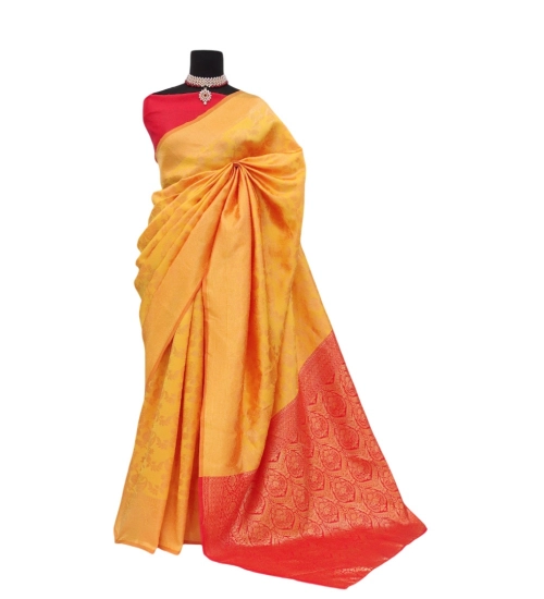 Generic Women's Banarasi Printed Saree With Unstitched Blouse 5.5Mtr (Yellow)