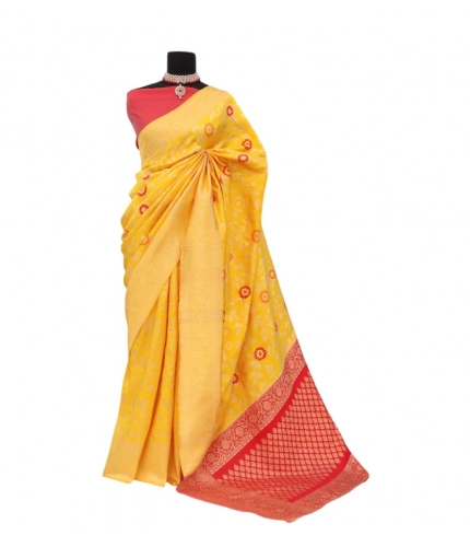 Generic Women's Banarasi Printed Saree With Unstitched Blouse 5.5Mtr (Yellow)