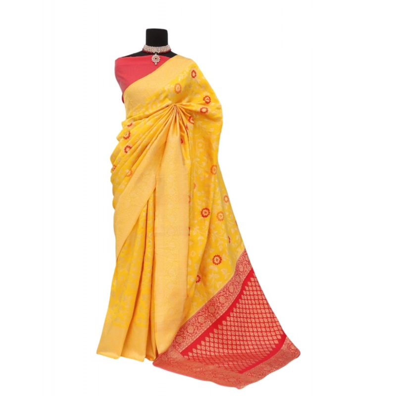 Women's Banarasi Printed Saree With Unstitched Blouse 5.5Mtr (Yellow)
