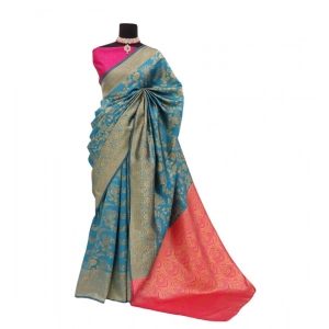 Generic Women's Banarasi Printed Saree With Unstitched Blouse 5.5Mtr (Aqua Blue)